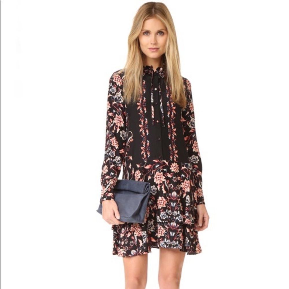 Parker Eden Silk Black Floral Long Sleeve Dress Size S